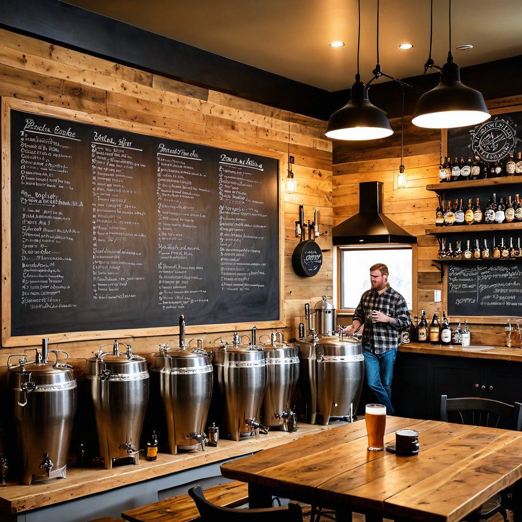 A warm, inviting indoor scene featuring a cozy home brewery setup, with Todd passionately inspecting a bubbling brew kettle. Surrounding him, a wooden table filled with various beer glasses displaying different brews, and delectable food pairings perfectly arranged. A chalkboard menu in the background lists beer styles and pairings, with soft golden lighting highlighting the scene. super-realistic. vibrant colors. warm tones.