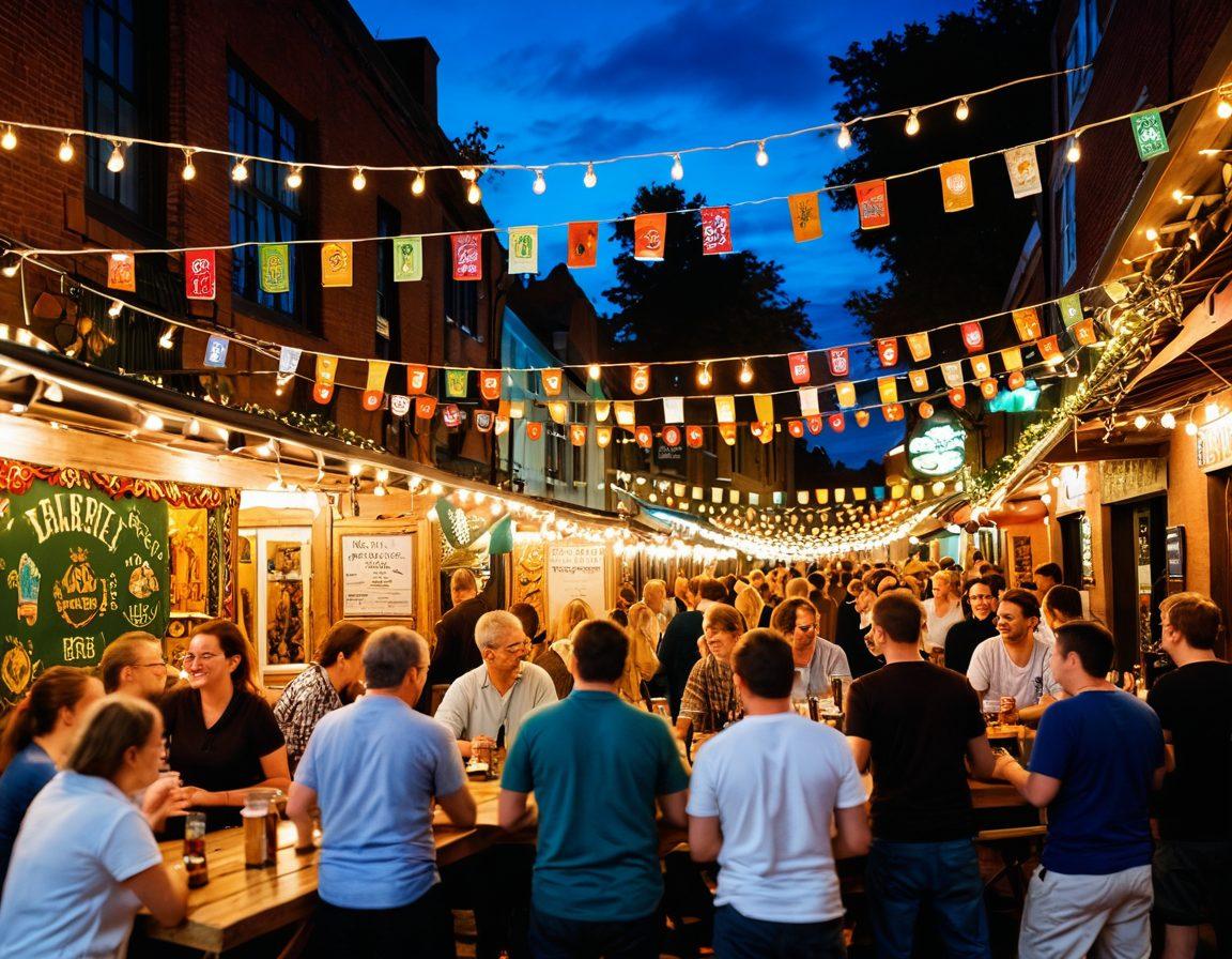 A lively festival scene with people joyfully sipping craft beers at colorful stalls adorned with local brewery logos. Include vibrant banners, hops and barley decorations, and small tables where patrons chat and enjoy gourmet food pairings. Capture the essence of celebration with festive lights and an array of beer glasses clinking together. Create a warm, inviting atmosphere showcasing the community spirit of local breweries. vibrant colors. super-realistic.