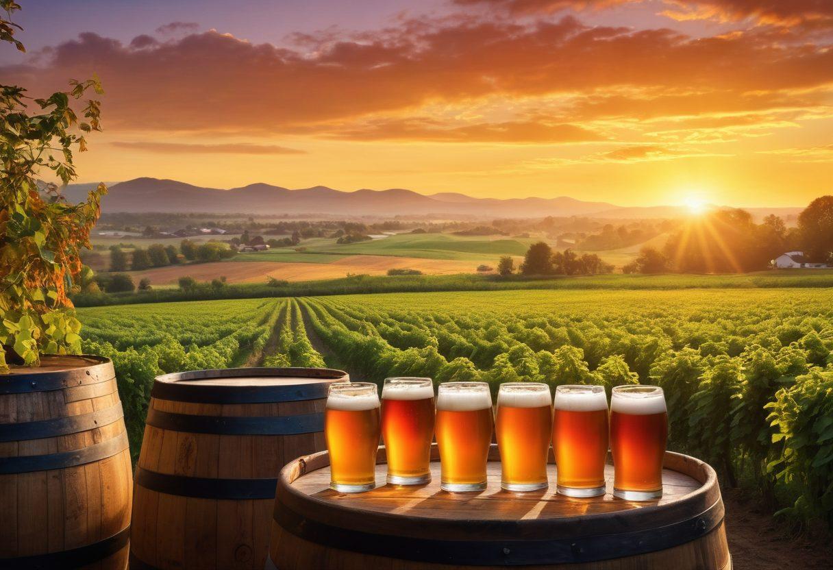 A captivating scene of a rustic brewery with wooden barrels and brewing equipment, showcasing a passionate brewer named Todd, artfully pouring a golden craft beer into a frosted glass. In the background, vibrant hops and barley fields stretch beneath a sunset, while a group of friends clink glasses in celebration. The atmosphere is warm and inviting, emphasizing the craftsmanship and community spirit surrounding artisanal brews. super-realistic. vibrant colors. warm lighting.